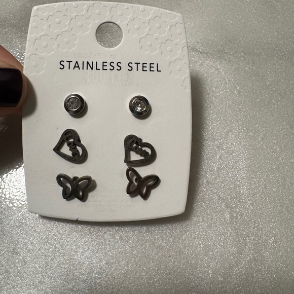 Stainless Steel Earrings Set - Stud, Heart, Butterfly - 3 Pairs Jewelry - Picture 1 of 2